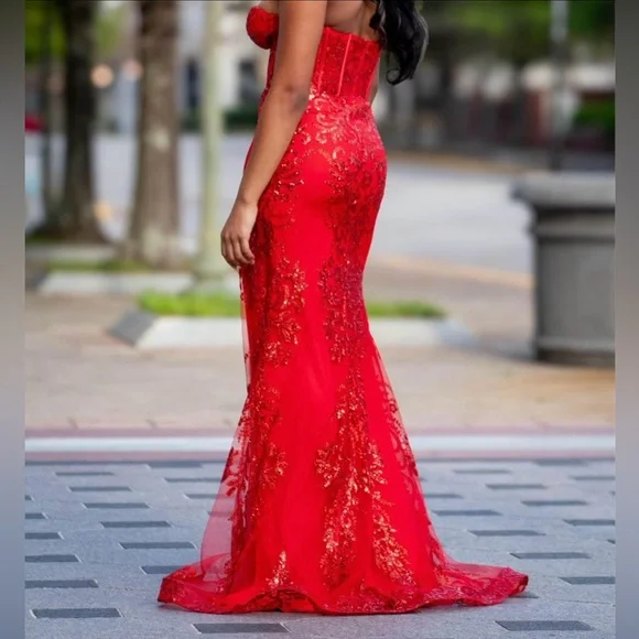 open lace back dress Backless Red Chiffon Maxi Dress Red / US 8